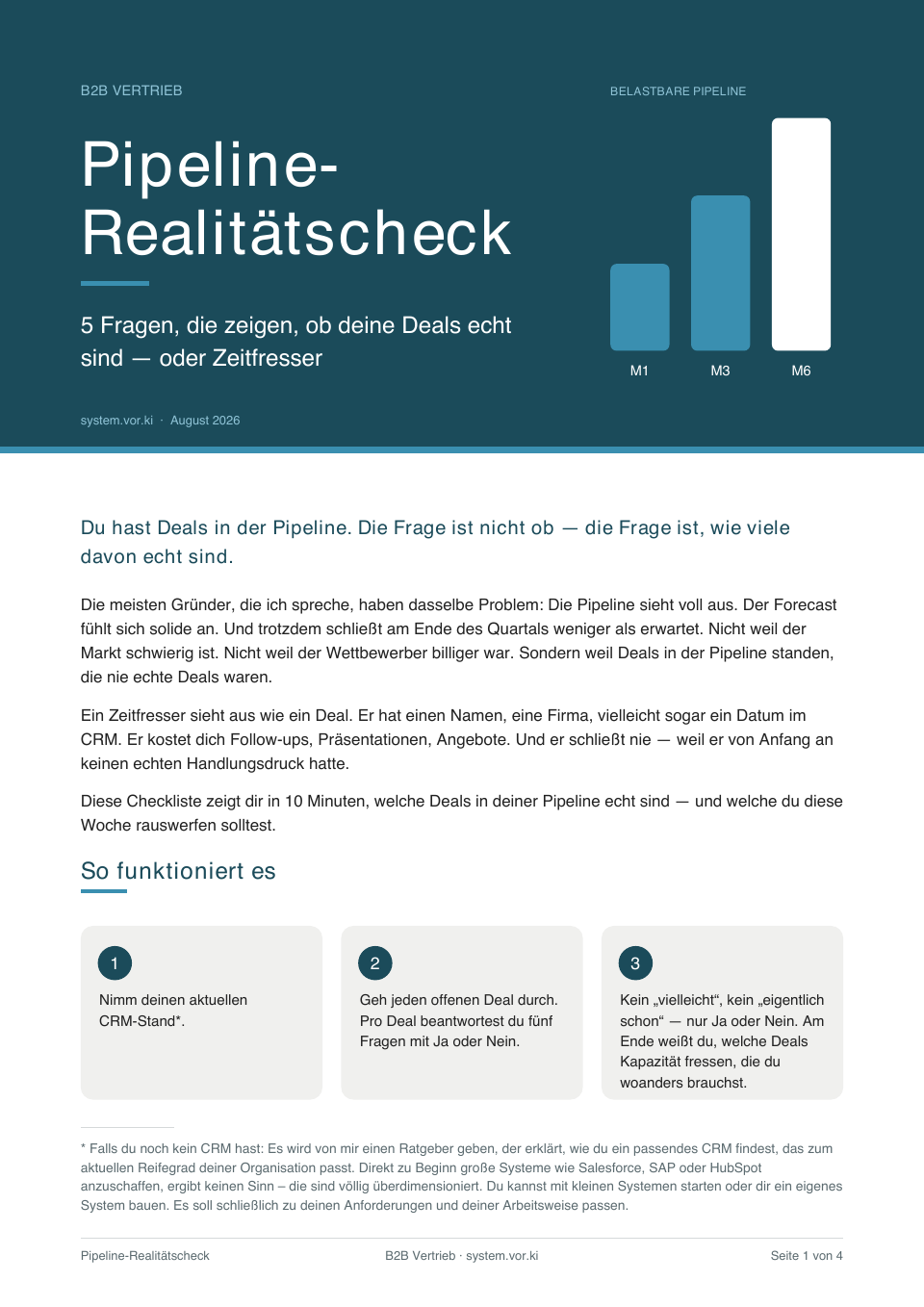 Erste Seite des Pipeline Realitätschecks (PDF): Deckblatt mit dem Titel „Pipeline-Realitätscheck“ und der Einleitung, so funktioniert es